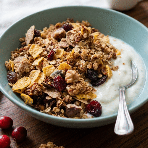 Granola crujiente con nueces pecanas y arándanos